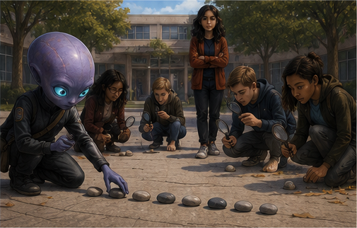 Zee arranges seven pebbles into a path