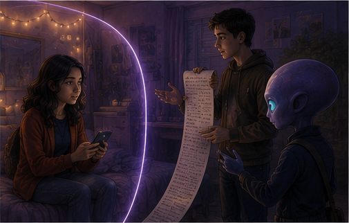 A glowing boundary separates a private conversation
